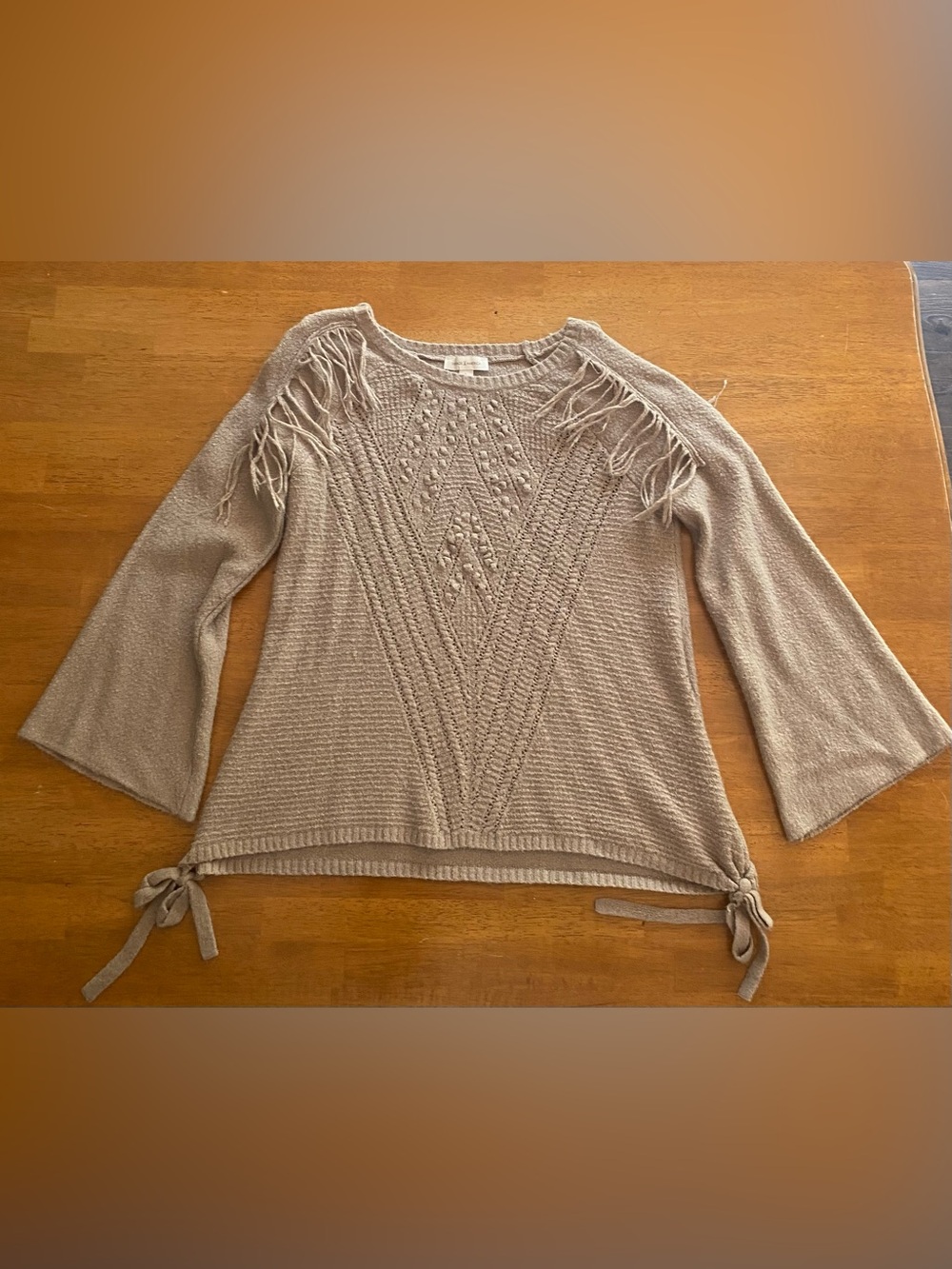 Bobo Vintage America Taupe Knit Sweater with Fringe and Side Ties